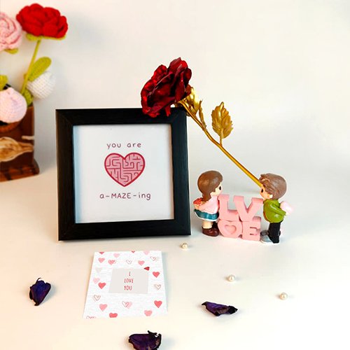 Amazing Love Frame with Golden Rose & Couple Showpiece Valentine Gift Combo-Giftii