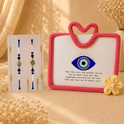 Crochet Pink Frame with Double Diamond Evil Eye Rakhi-Giftii