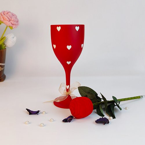 Heart Print Valentine Wine Glass with Red Rose Valentine Gift for Her-Giftii