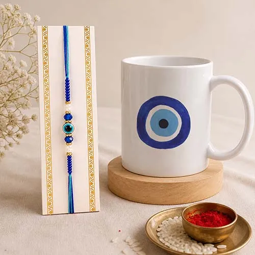 Blue Aura Evil Eye Rakhi Mug Set for Brother-Giftii
