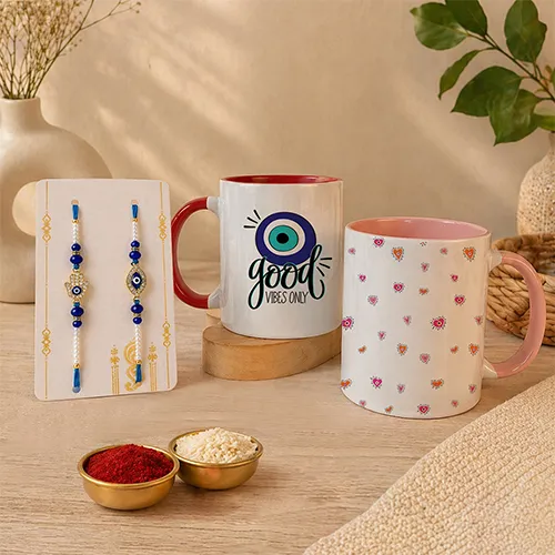 Good Vibes Only Mug Combo with Rakhi For Bhaiya Bhabhi-Giftii