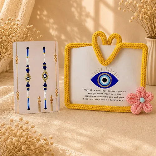 Handmade Crochet Frame with Twin Nazar Rakhi Set-Giftii