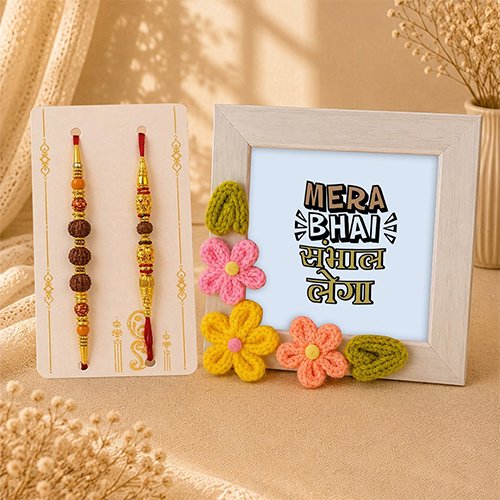 Handcrafted Rudraksha Bhaiya Bhabhi Rakhi with Crochet Flower Frame-Giftii