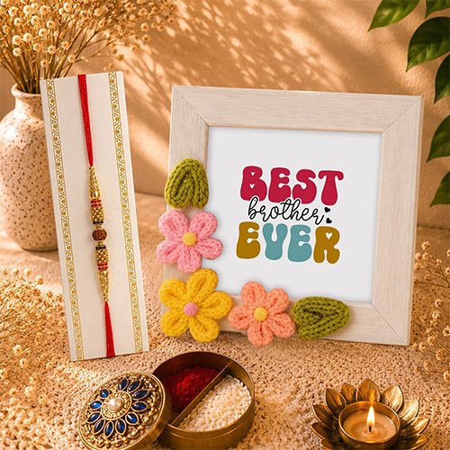 Designer Rudraksha Rakhi & Crochet Frame Gift Set-Giftii