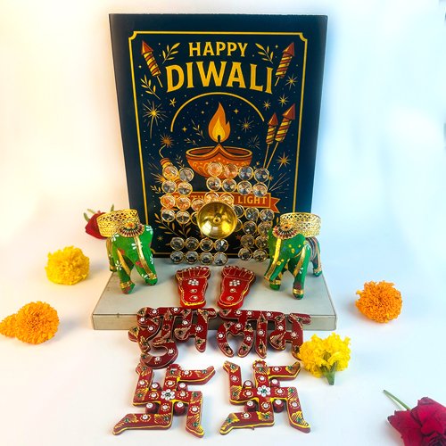 Festive Diwali Pooja Decoration Gift Set with Elephants diya, Swastik diya & Shubh Labh-Giftii