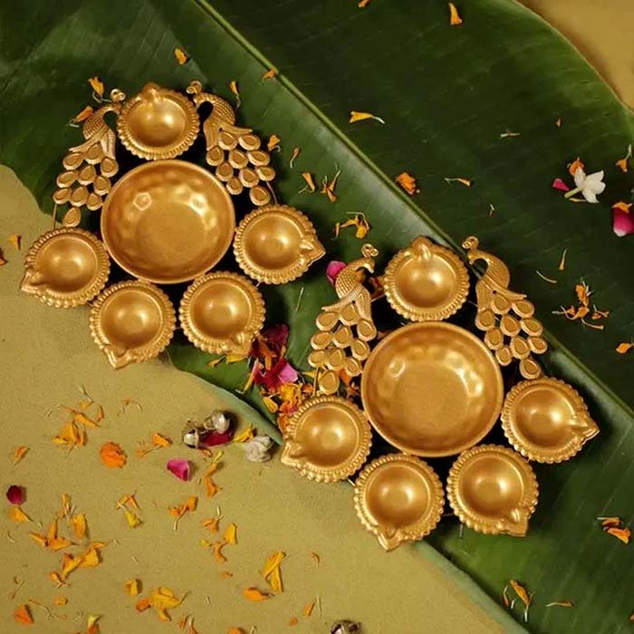 Five-Wick Gold-Plated Decorative Diya with Peacock Design for Festivals and Puja-Giftii