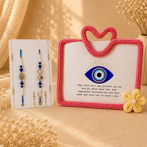 Pink Crochet Frame with Hamsa & Infinity Rakhi Set-Giftii