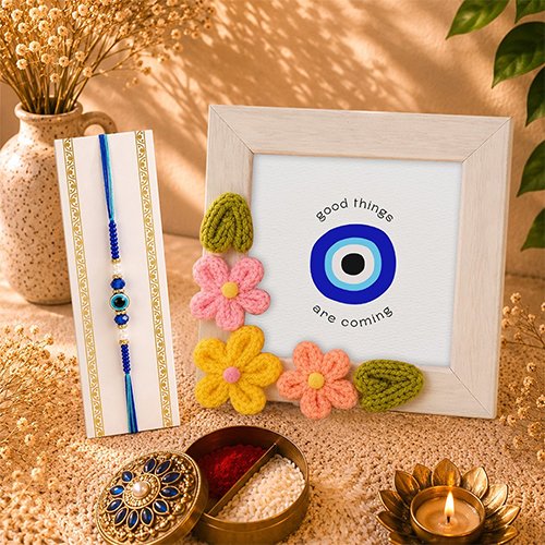 Classic Evil Eye Rakhi & Crochet Frame Gift Set-Giftii