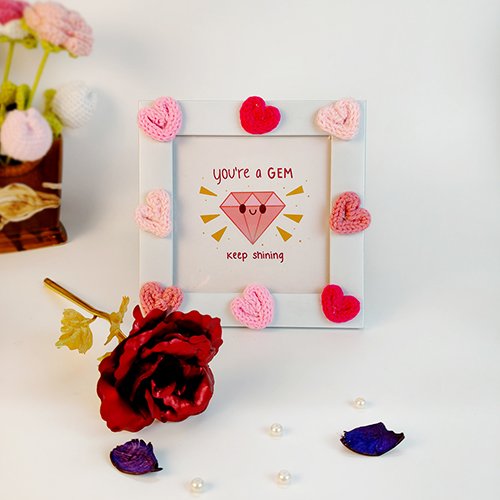 Crochet Heart Frame with Golden Rose Valentine Gift-Giftii