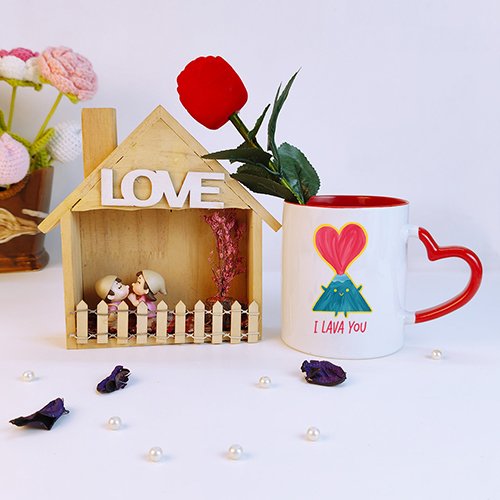Valentine’s Day Gift with Heart Handle Love Mug, Love House couple & Red Rose-Giftii