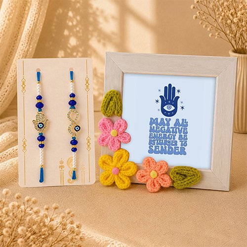 Hamsa Hand & Infinity Rakhi Pair With Crochet Frame-Giftii