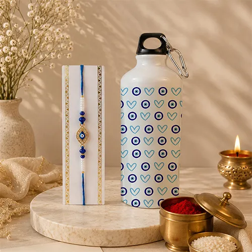 Designer Evil Eye Rakhi with Sipper Water Bottle For Brother-Giftii