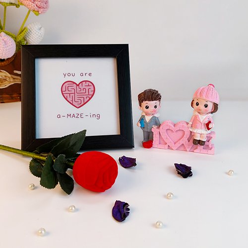 Cute Valentine Gift with Love Quote Frame, Couple Figurine & Rose With Ring-Giftii