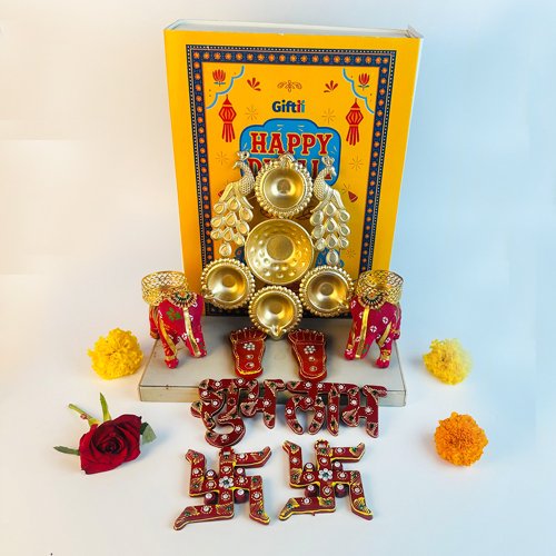 Premium Diwali Gift for Shubh Labh, Diya with peacock design & Swastik Decorative Set with Footprints-Giftii