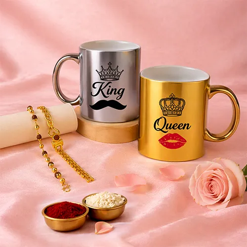 Designer Rakhi with King Queen Mug Combo-Giftii