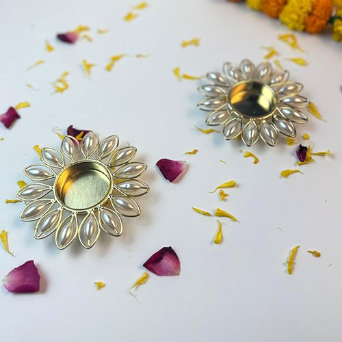Metal Diya with Pearl Flower Design (Set of 2)-Giftii