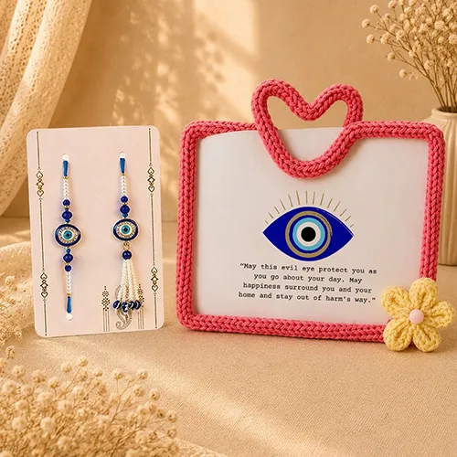 Pink Heart Frame with Round Evil Eye Rakhi-Giftii