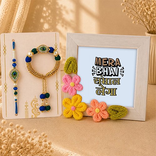 Evil Eye Bhaiya Bhabhi Rakhi Set with Handmade Crochet Flower Frame-Giftii