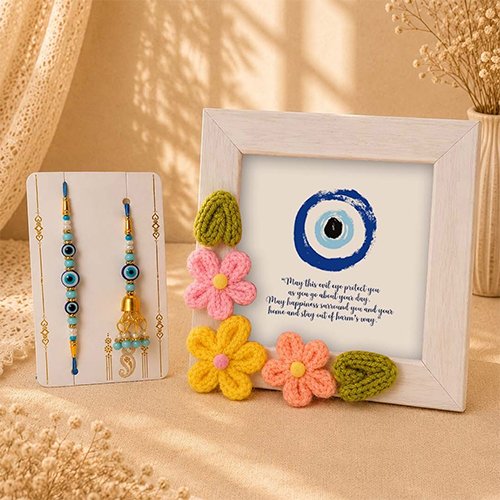 Bhaiya Bhabhi Evil Eye Rakhi Lumba & Crochet Frame Gift Set-Giftii