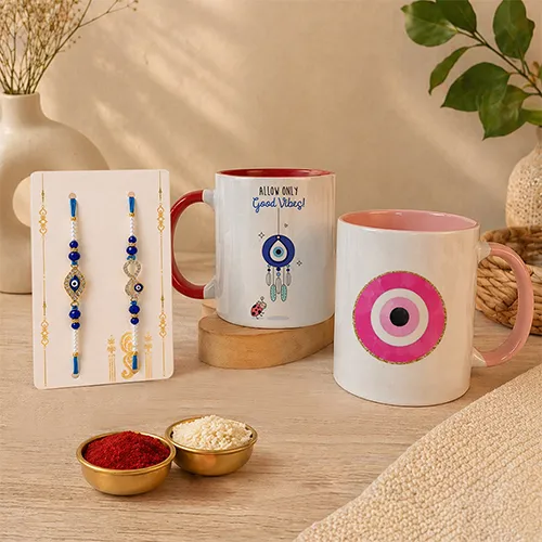 Good Vibes Evil Eye Mug Rakhi Combo-Giftii