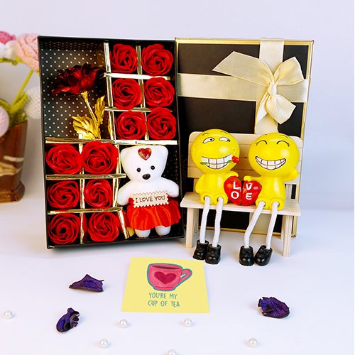 Premium Valentine’s Day Gift Hamper with Rose Box, Teddy, Emoji Couple Figurines-Giftii