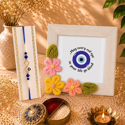Infinity Evil Eye Rakhi & Crochet Frame Gift Set-Giftii