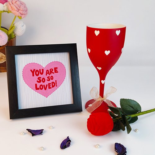 Valentine Gift Set with Love Quote Frame & Heart Design Wine Glass-Giftii