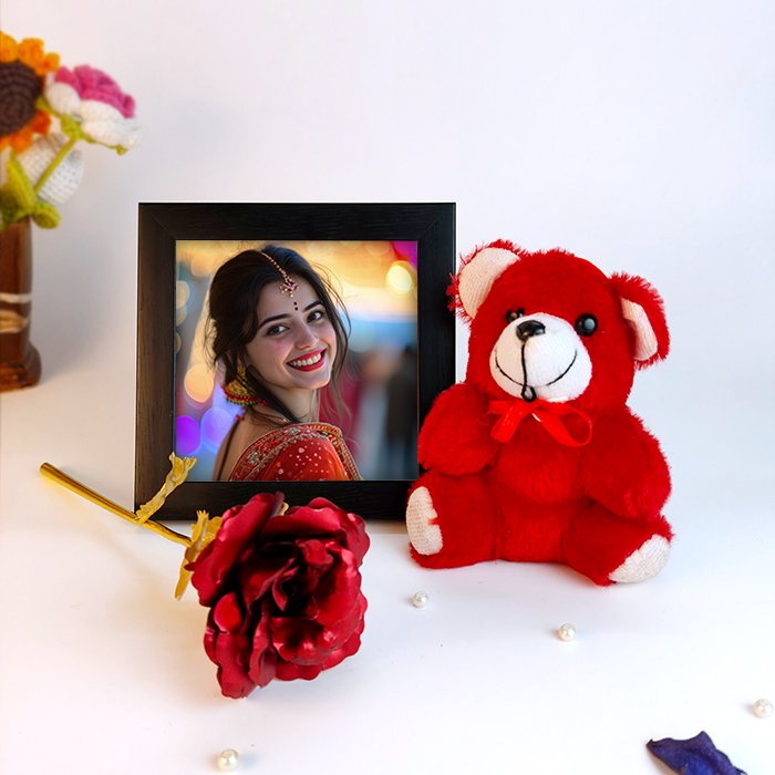 Personalized Photo Frame with Teddy & Rose Gift Combo-Giftii