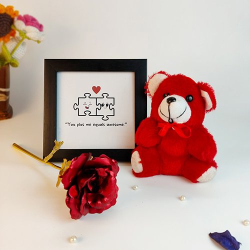 Cute Couple Puzzle Frame & Red Teddy Gift Set for her-Giftii
