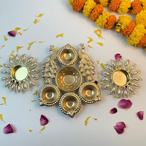 Peacock Design Metal Urli & Tealight candle holder-Giftii