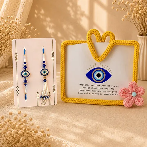 Crochet Nazar Frame with Pearl Tassel Rakhi Set-Giftii