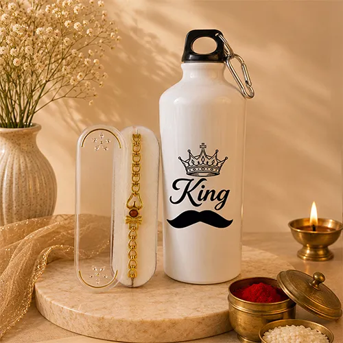 Premium King Bhai Rakhi & Water Bottle Set-Giftii