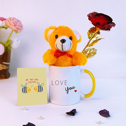 Cute Love Mug Gift Set with Teddy Bear & Rose For Valentine-Giftii