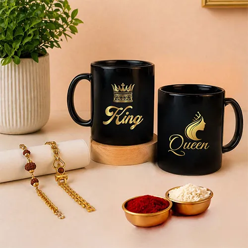 King & Queen Black Mug Rakhi Combo for Bhaiya Bhabhi-Giftii