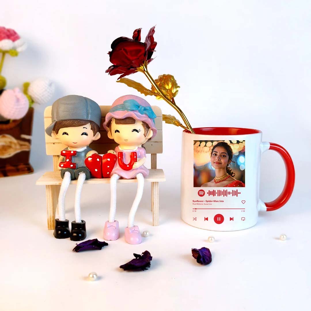 Personalized Spotify Love Couple Showpiece with Photo Mug & Rose-Giftii