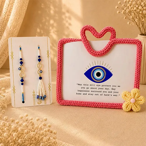 Handmade Pink Frame with Infinity Nazar Rakhi Set-Giftii