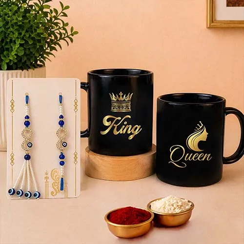 Royal King Queen Mug & Nazar Rakhi Set for Bhaiya Bhabhi-Giftii