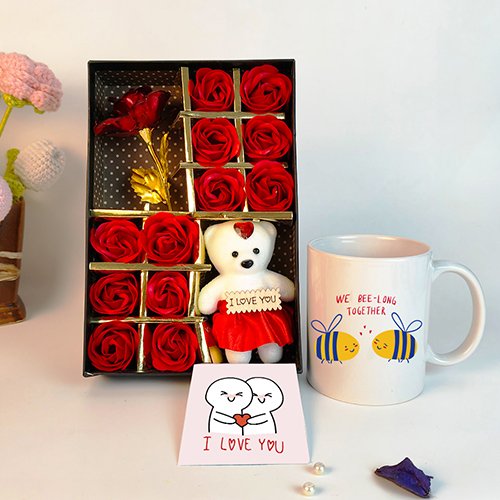 Rose Box Combo with Love Teddy and Valentine Mug-Giftii