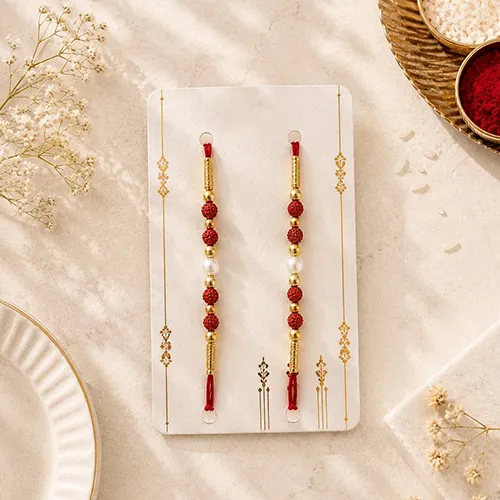 Luxury Rudraksha Pearl Rakhi Pair with Golden Beads-Giftii