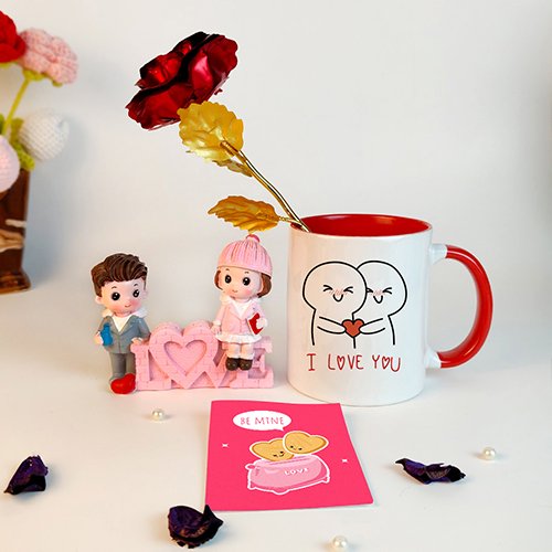 Cute Mini Couple Showpiece with I Love You Mug & Golden Rose-Giftii