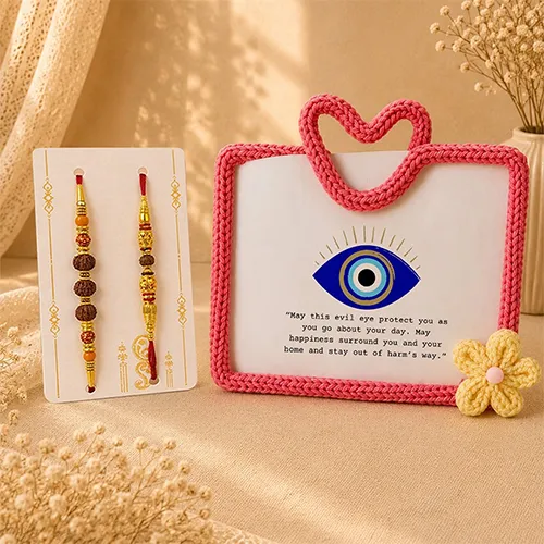 Handmade Blush Crochet Frame Rakhi Lumba Combo-Giftii