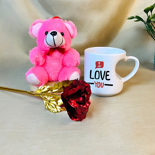 Romantic Gift With Personalized Mug, Teddy and Red Rose Combo-Giftii