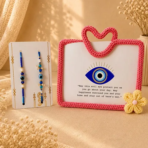 Handmade Pink Frame with Blue Beaded Rakhi Combo-Giftii