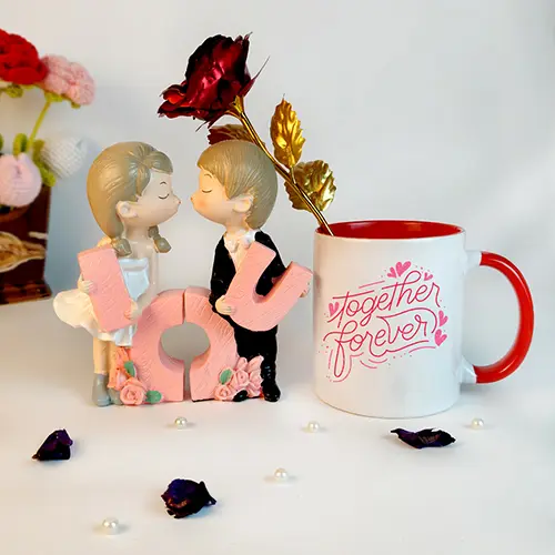 Valentine Romantic Gift Set Couple Figurine, Mug & Golden Rose-Giftii