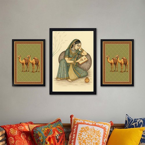 Rajasthani Woman with Camels Wall Frame Set-Giftii