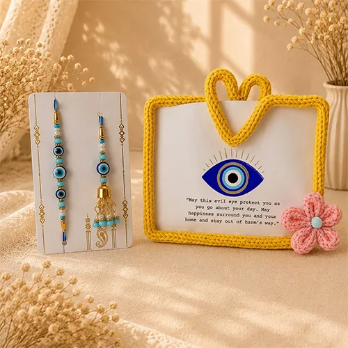 Bhaiya Bhabhi Rakhi Combo with Crochet Evil Eye Frame-Giftii