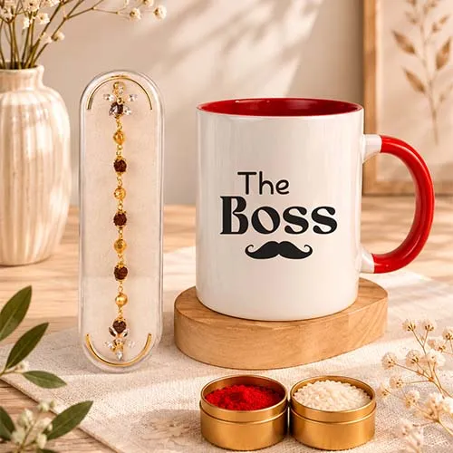 Luxury Rudraksha Rakhi and Boss Mug Combo for Bhaiya-Giftii