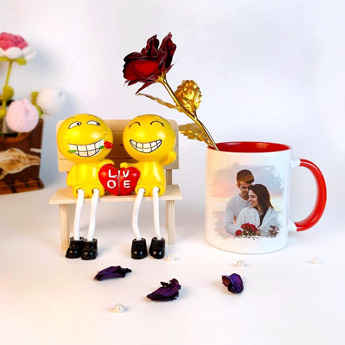 Personalized Couple Smile Showpiece with Photo Mug & Rose Combo-Giftii