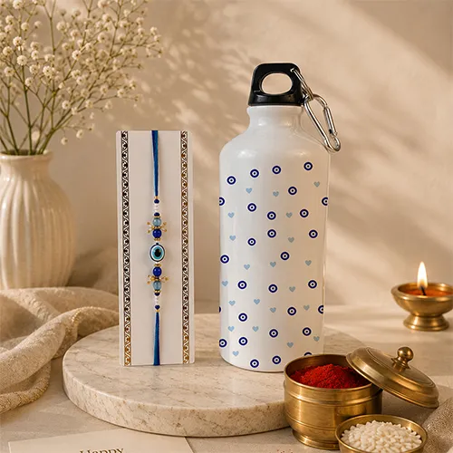 Designer Evil Eye Rakhi & Printed Water Bottle Gift For Brother-Giftii