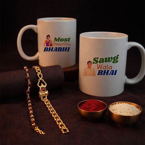 Stylish Rakhi Combo Gift for Bhaiya Bhabhi with Mug Set-Giftii